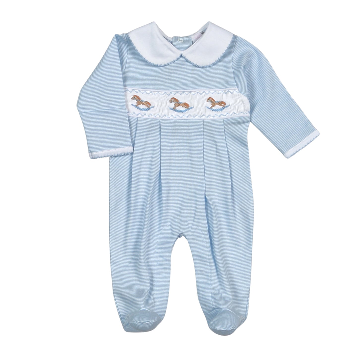 Blue Hand Smocked Rocking Horse Footie