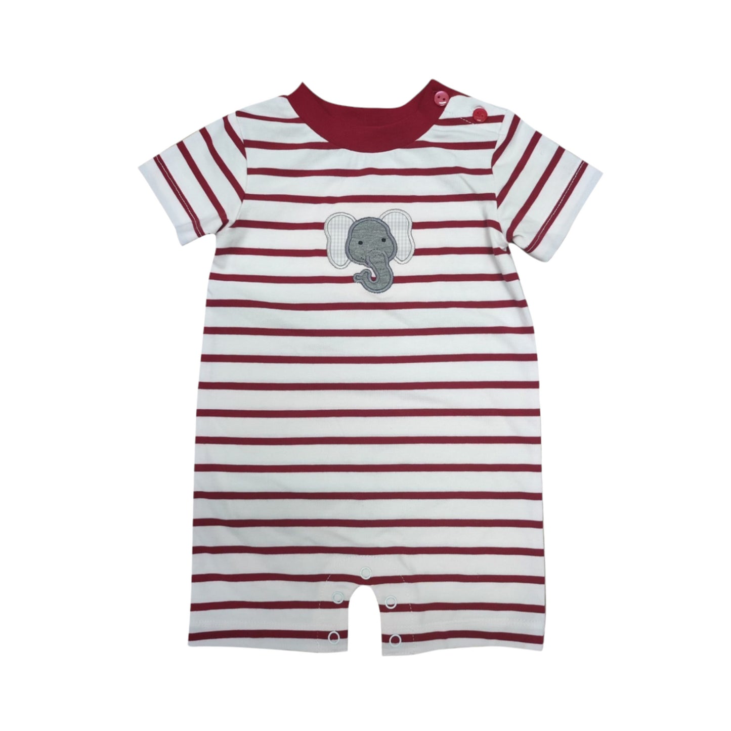Striped baby romper onesie in red and white with elephant applique from Ishtex