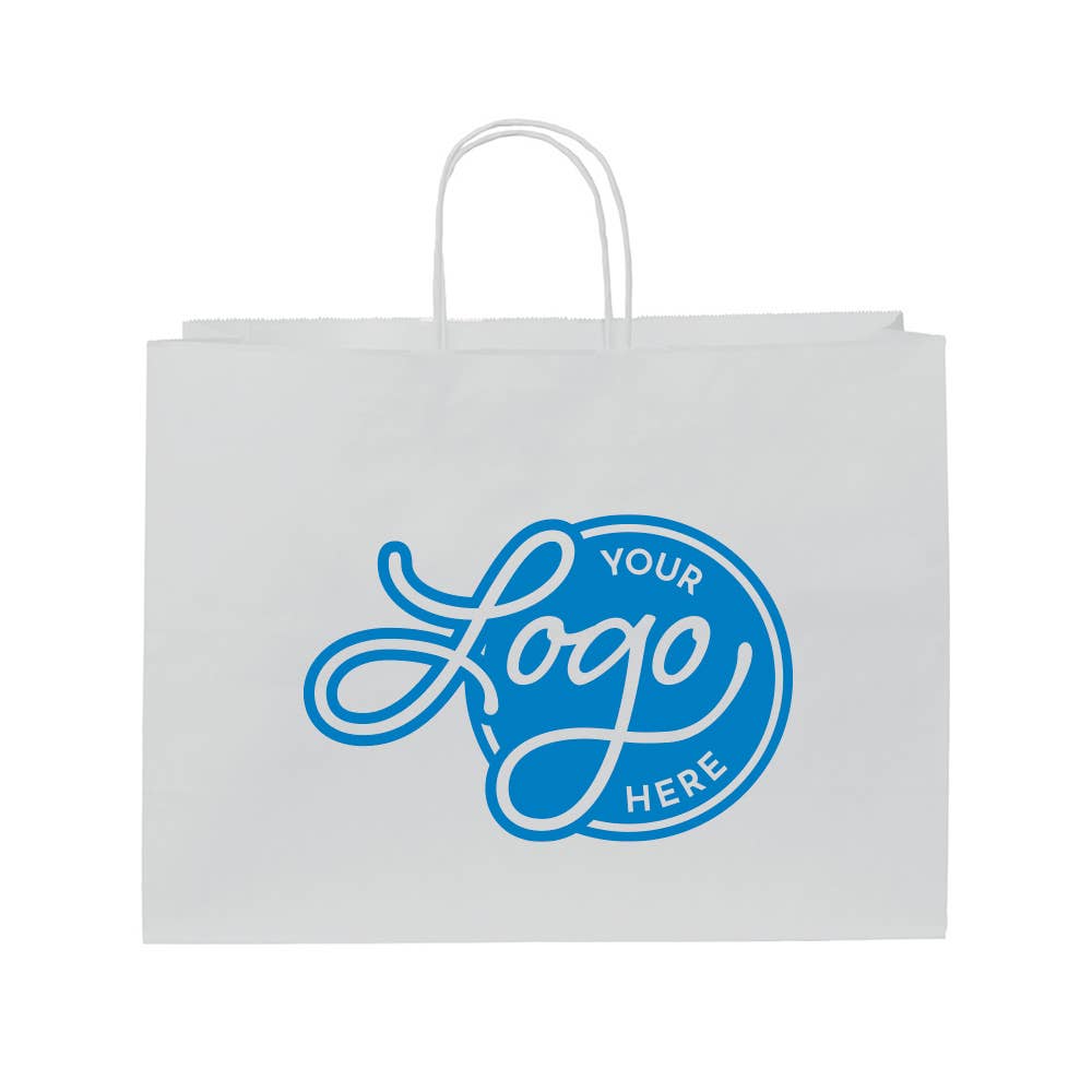 Custom Logo White Kraft Paper Bags w/ Color Ink