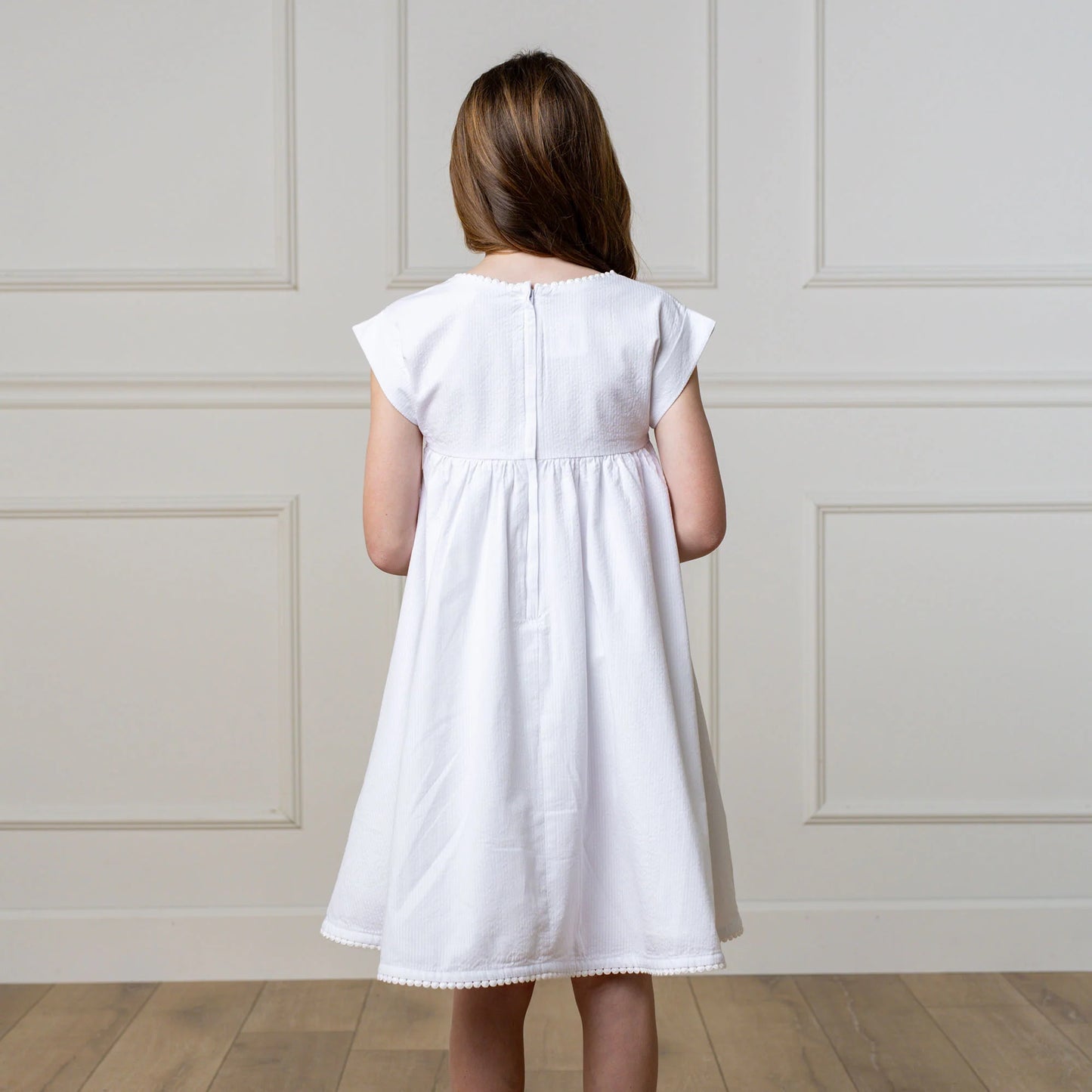 White Seersucker Empire Waist Dress