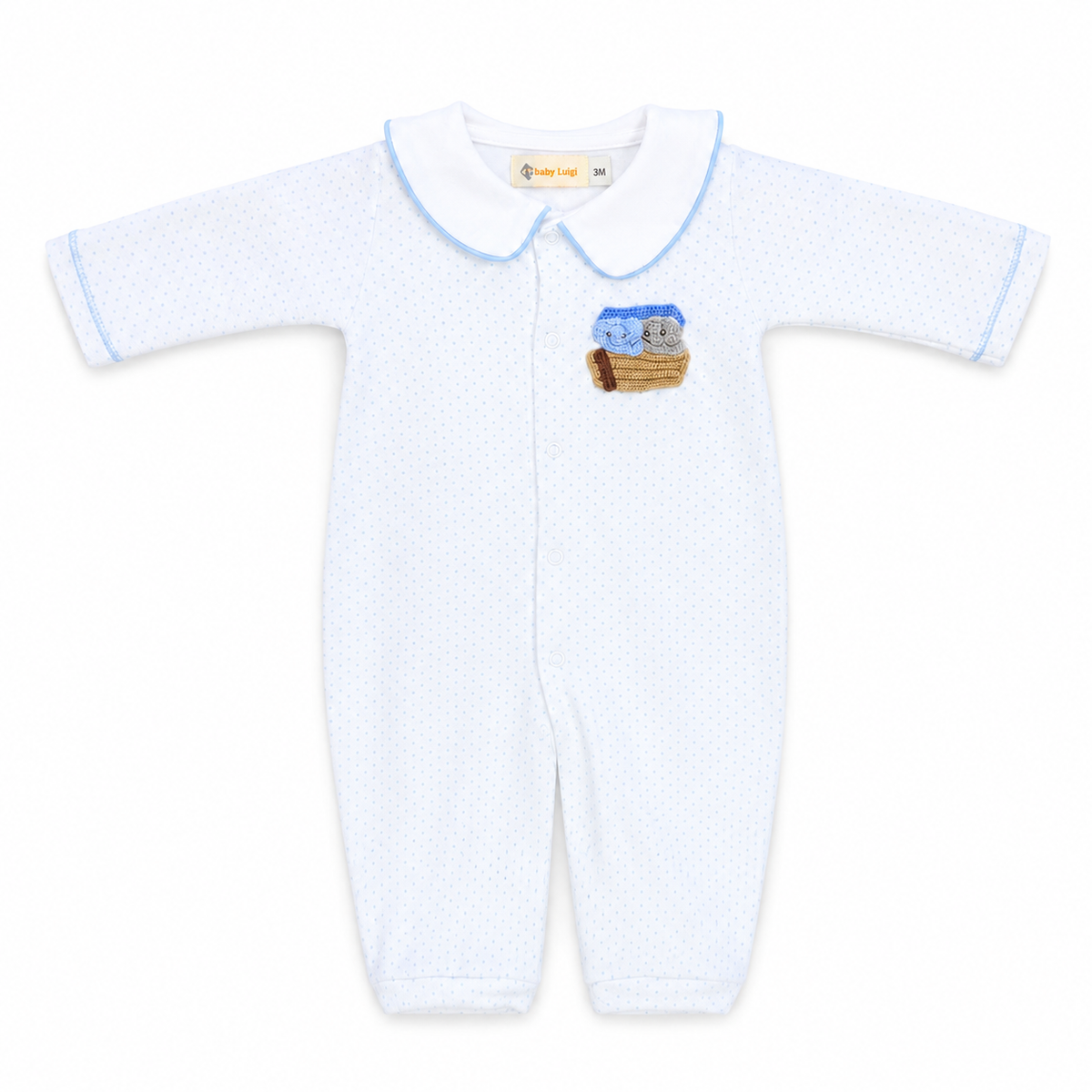 Noah's Ark Blue Dot Front Snap Romper