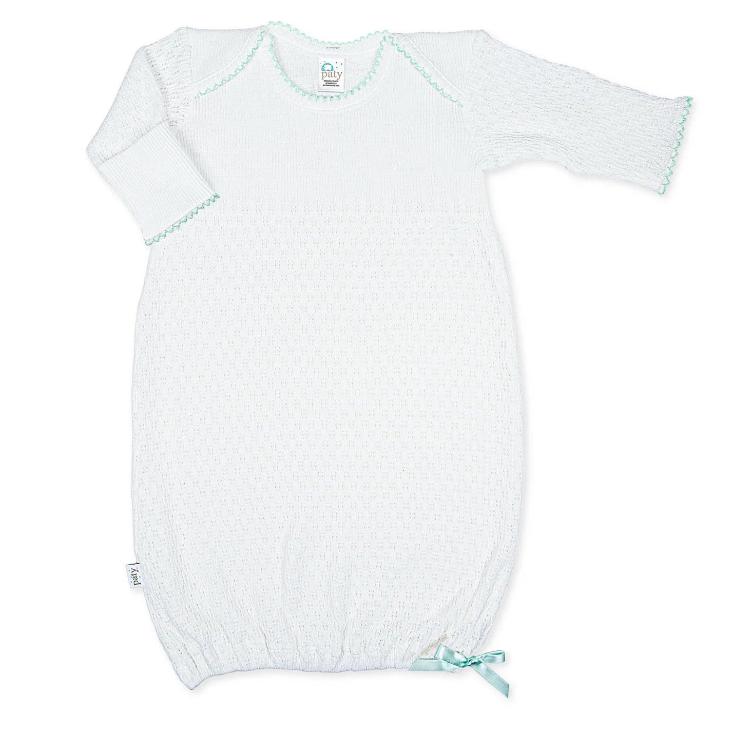 Knit Baby Gown - White with Mint Trim