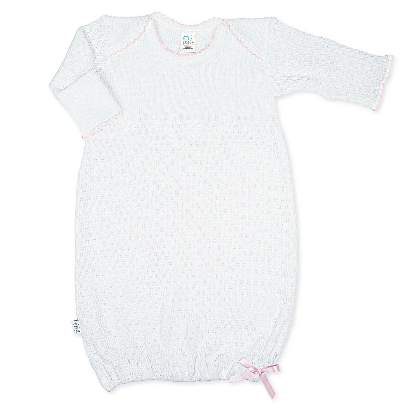 Knit Baby Gown - White with Pink Trim
