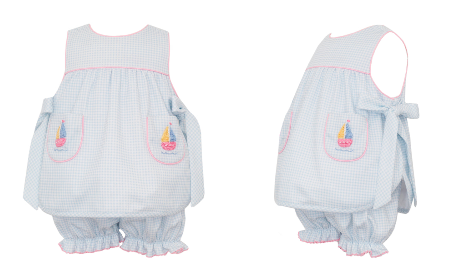 Blue Gingham Sailboats Side-Tie Bloomer Set