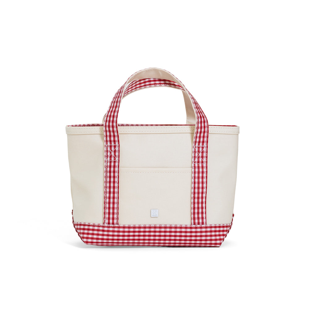 MINI TOTE - COATED CANVAS NATURAL With GINGHAM RED TRIM