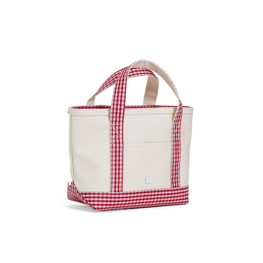 MINI TOTE - COATED CANVAS NATURAL With GINGHAM RED TRIM