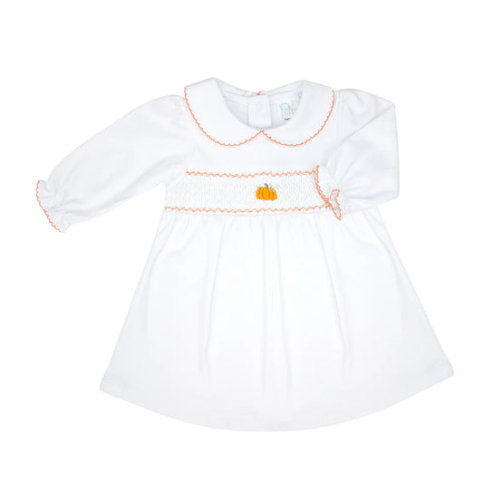 Smocked Embroidered Pumpkin White Pima Dress
