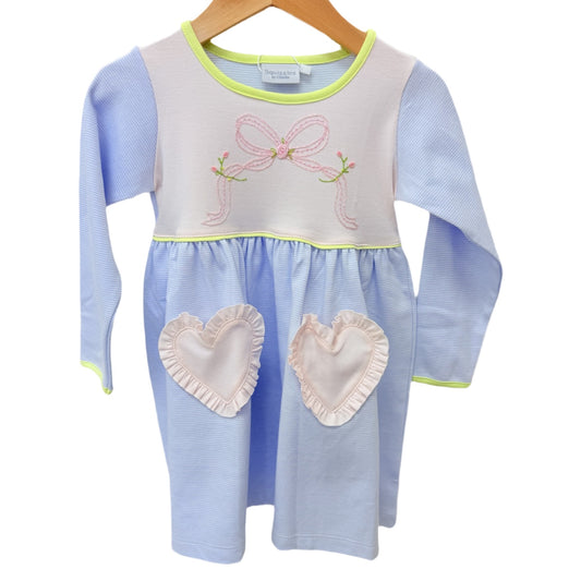 Blue & Pink Bow Long Sleeve Popover Dress