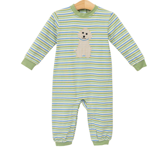 Puppy Romper - Green/Tan Stripes
