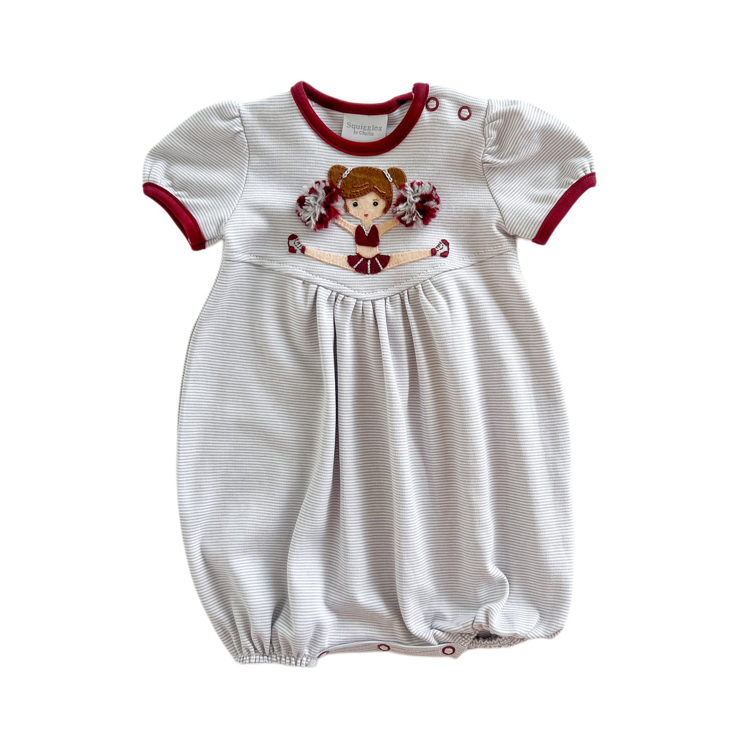 Gray stripe baby girl Alabama Cheerleader onesie with crimson red detailing from Squiggles