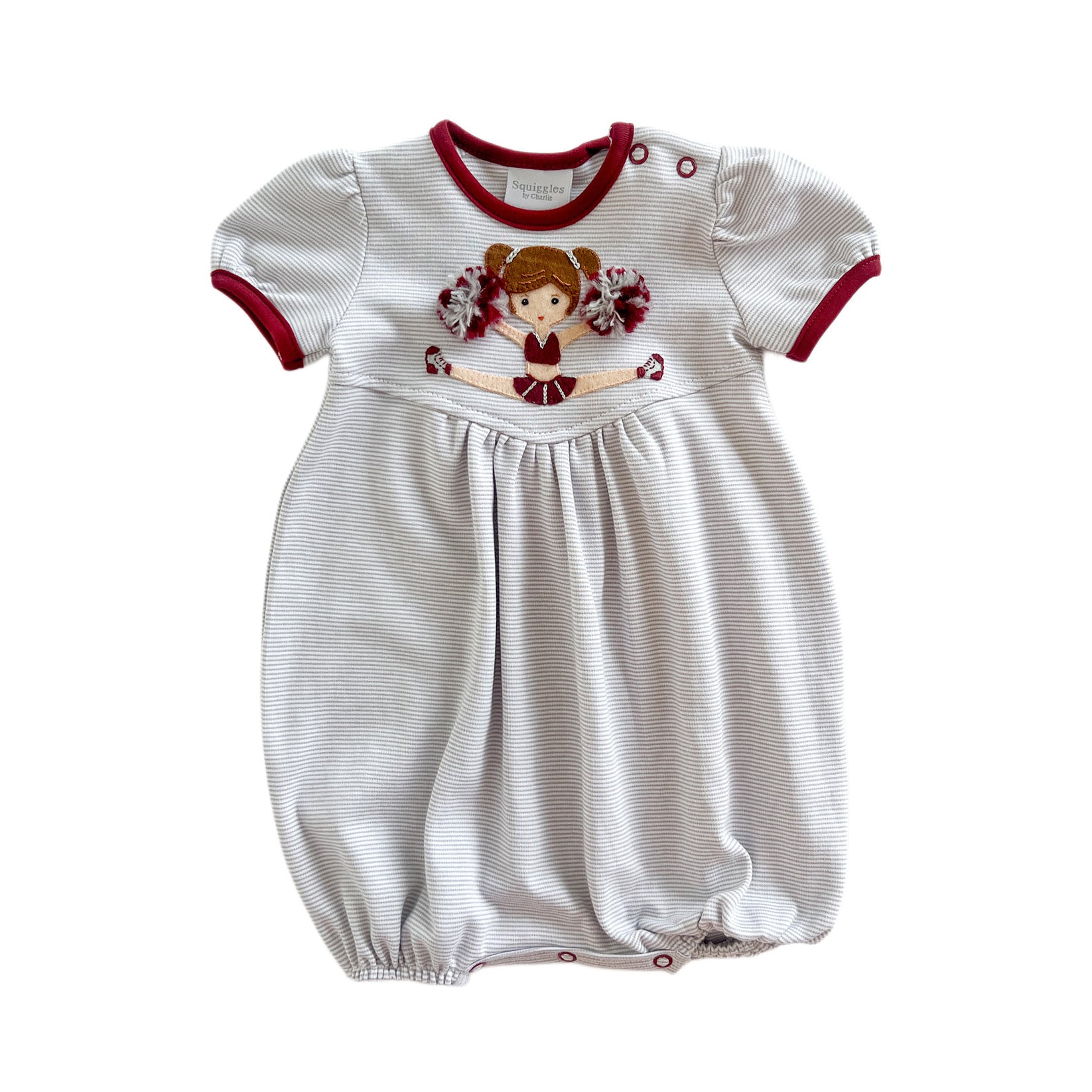 Gray stripe baby girl Alabama Cheerleader onesie with crimson red detailing from Squiggles
