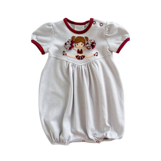 Gray stripe baby girl Alabama Cheerleader onesie with crimson red detailing from Squiggles
