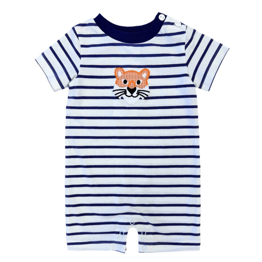 Navy Stripe Tiger Face Boy Romper
