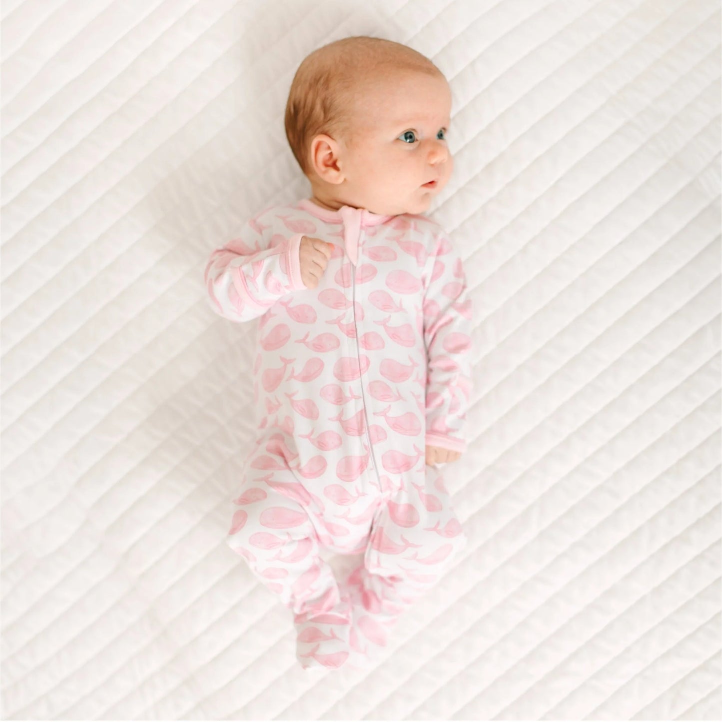 Azure Whales Print Zip Footie - Pink