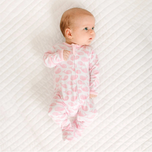 Azure Whales Print Zip Footie - Pink