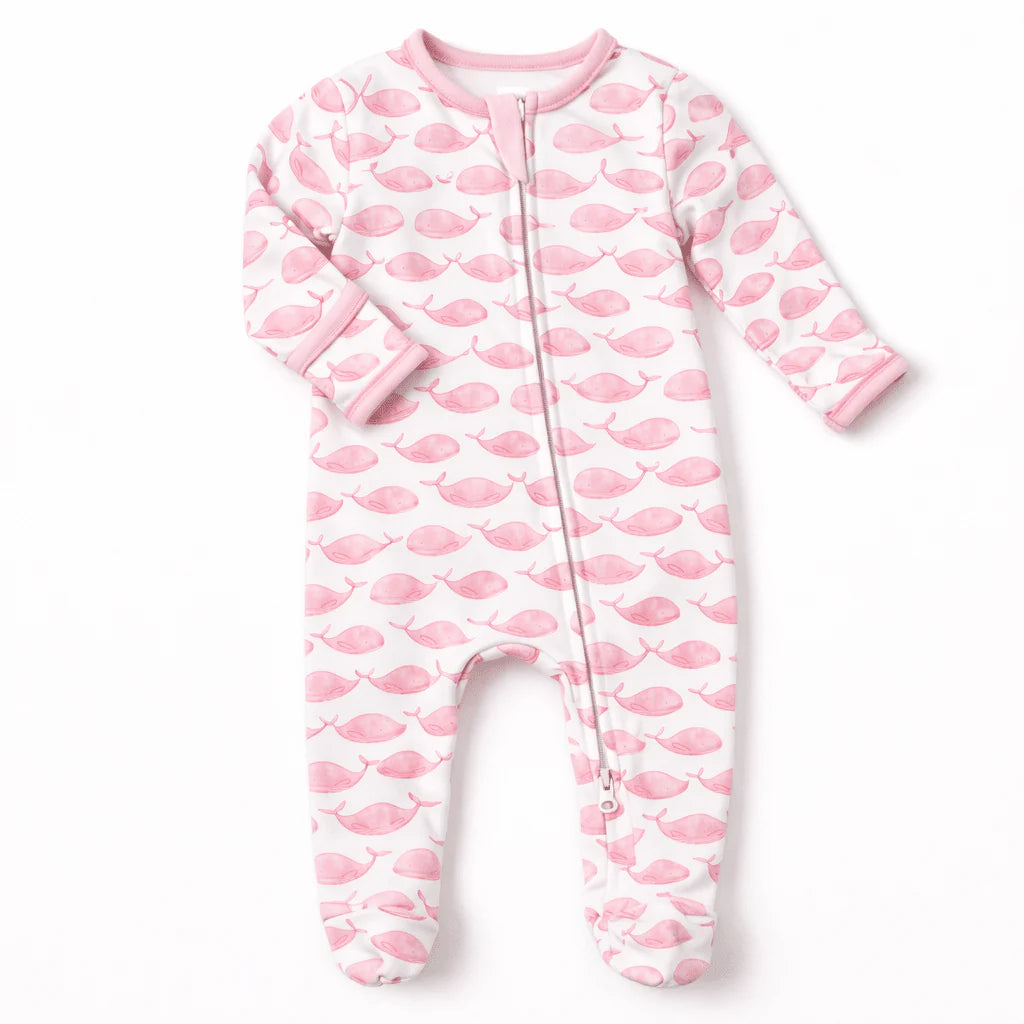 Azure Whales Print Zip Footie - Pink