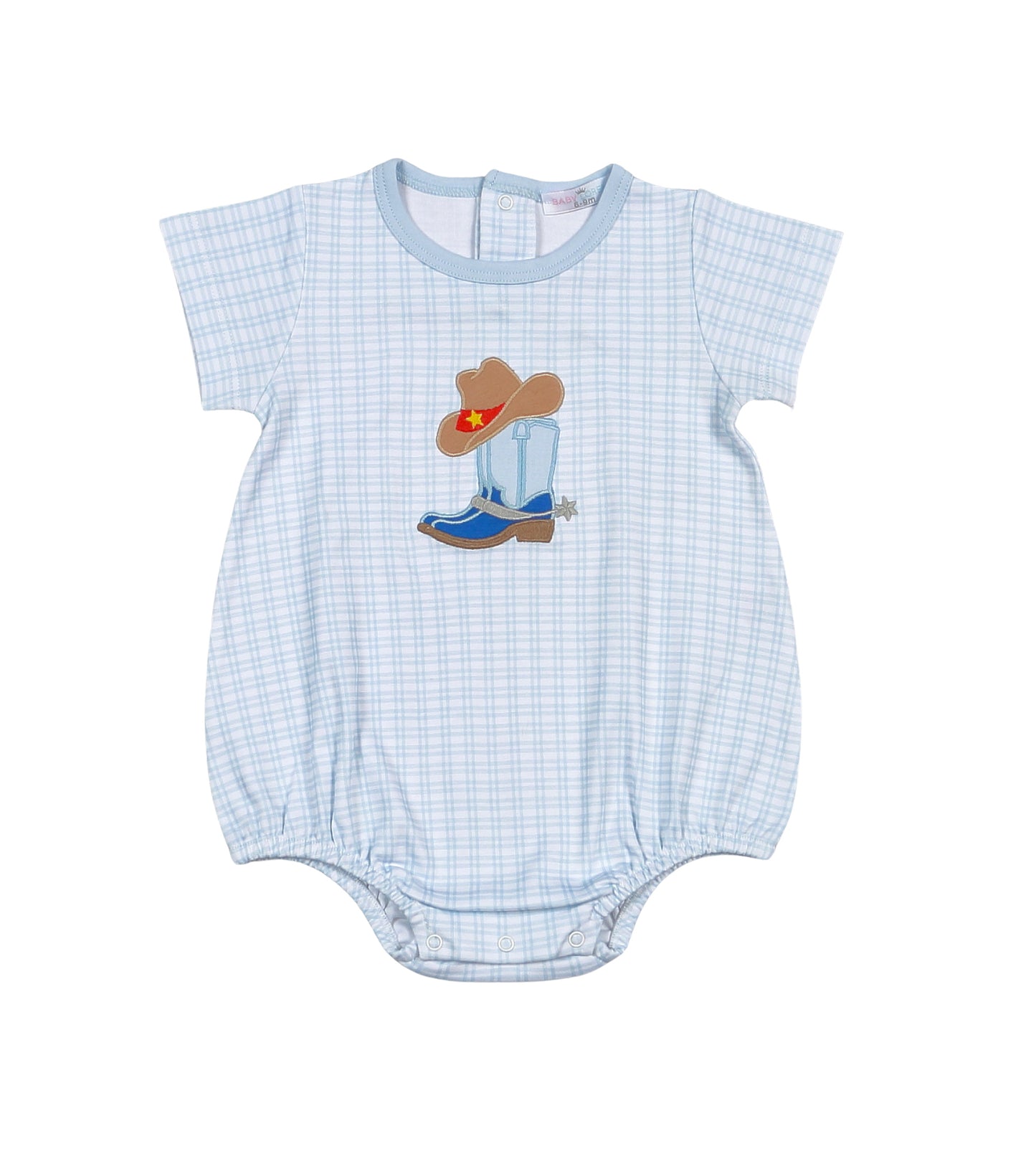 Baby boy onesie in blue and white with cowboy boot and hat applique from Baby Loren