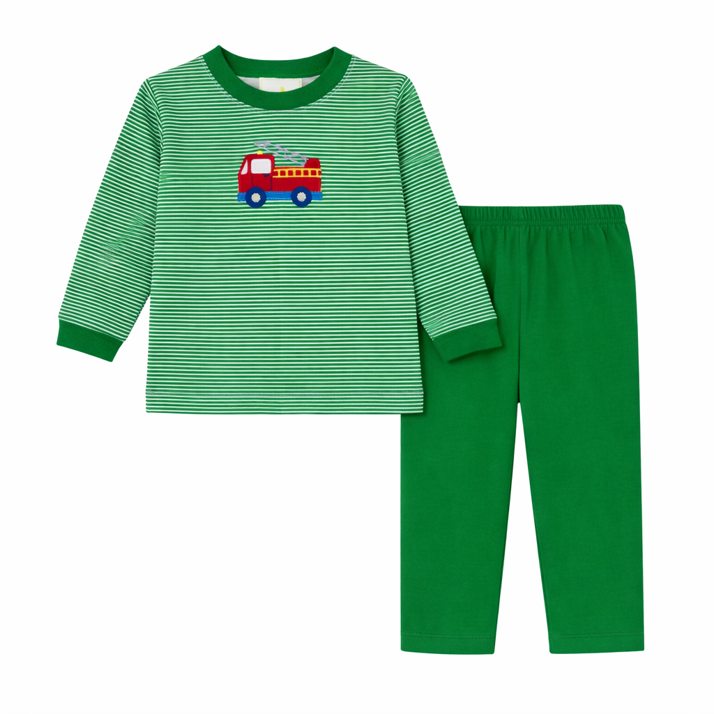 Firetruck Play Tee Green Knit Pant Set