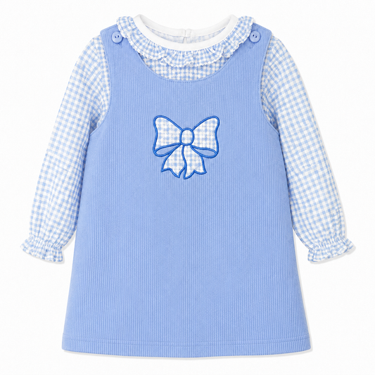 Blue Gingham Bow Jumper Dress Set