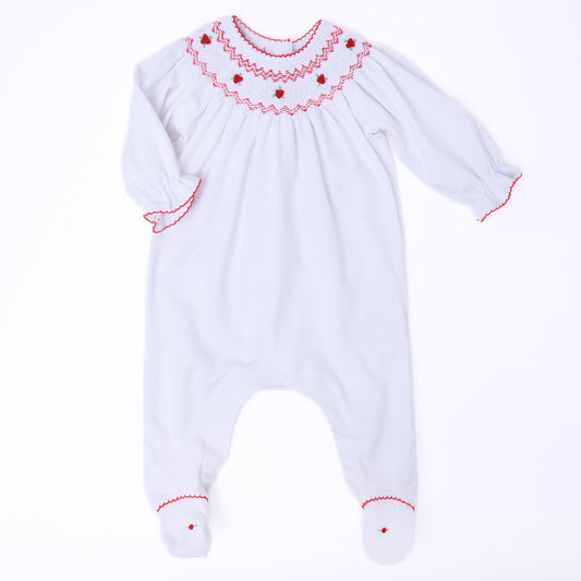 Smocked White/Red Eve Classics Bishop Footie