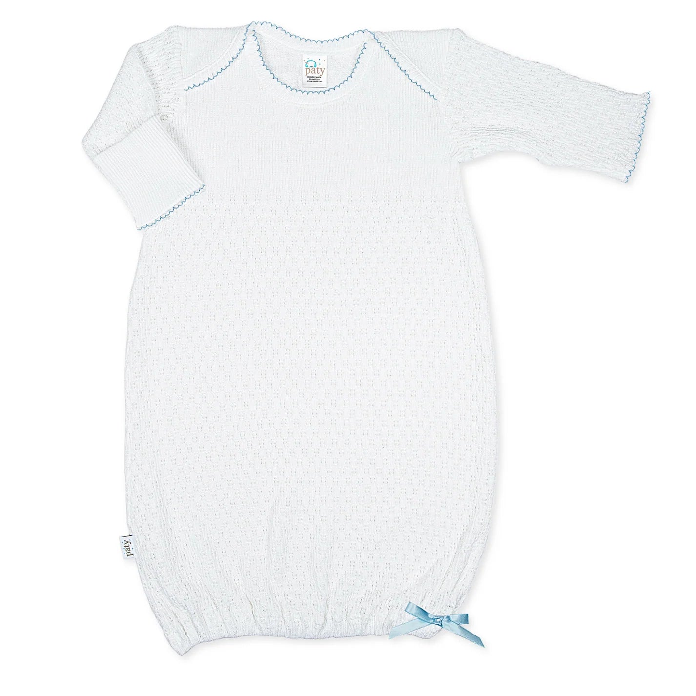 Knit Baby Gown - White with Blue Trim