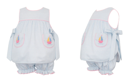 Blue Gingham Sailboats Side-Tie Bloomer Set
