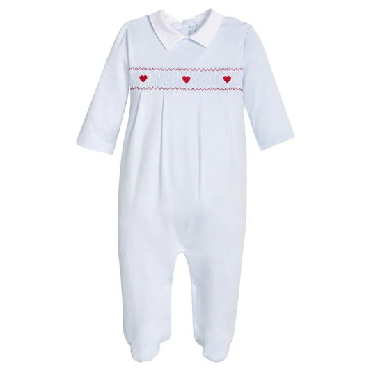 Smocked Footie - Blue Hearts