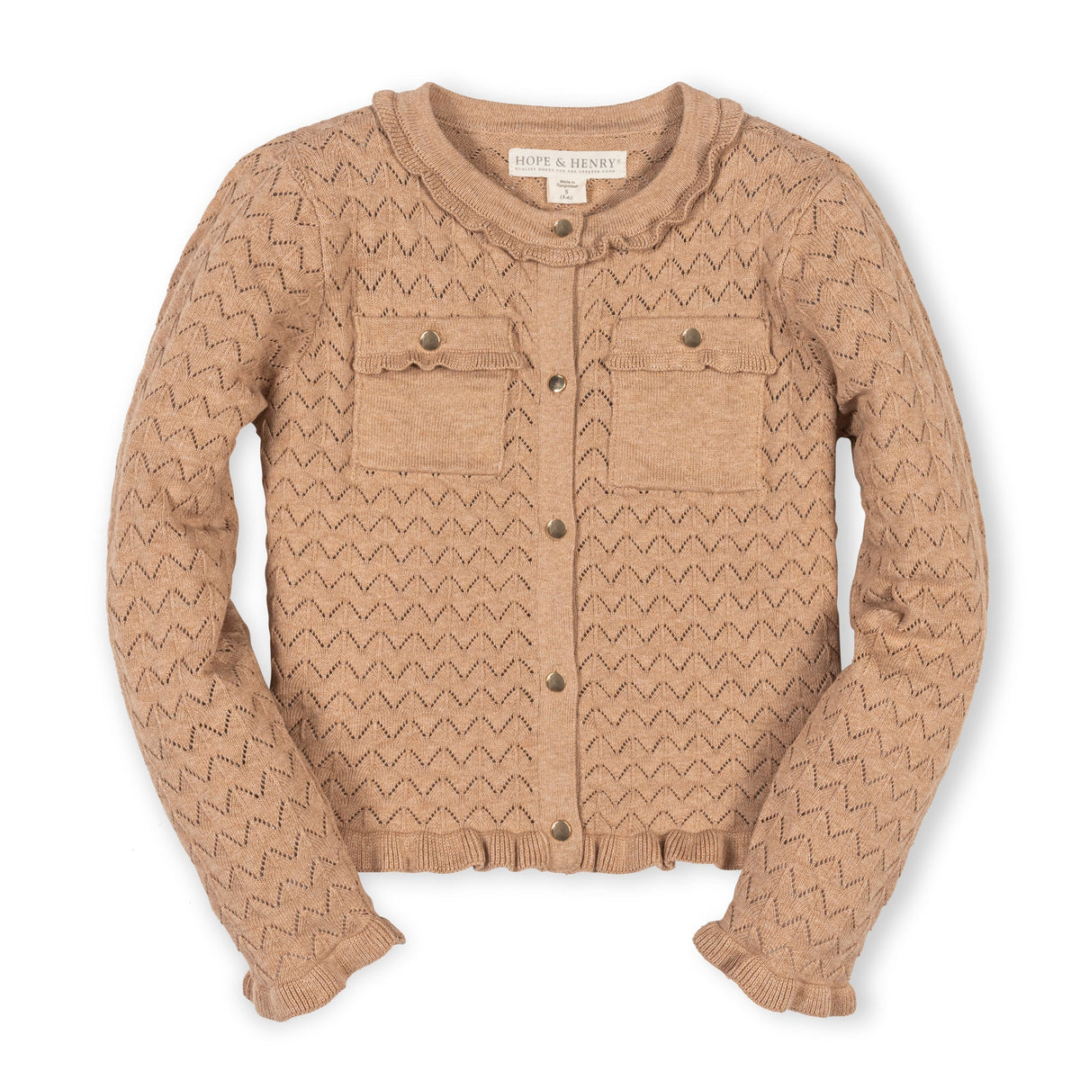 Organic Ruffle Trim Pointelle Cardigan - Camel Heather