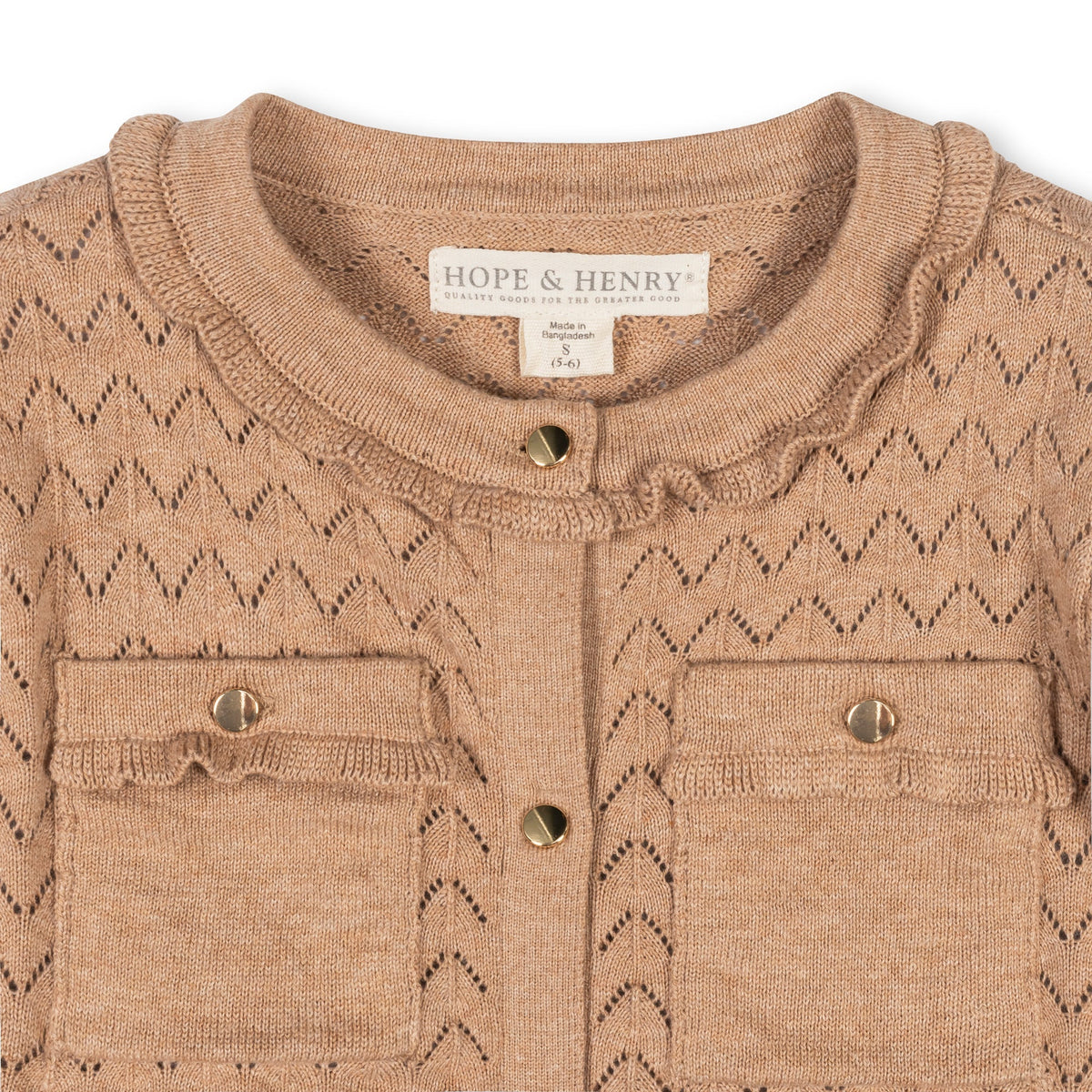 Organic Ruffle Trim Pointelle Cardigan - Camel Heather