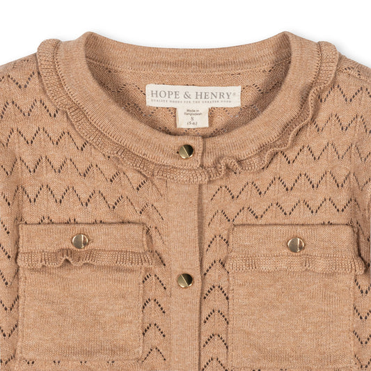 Organic Ruffle Trim Pointelle Cardigan - Camel Heather