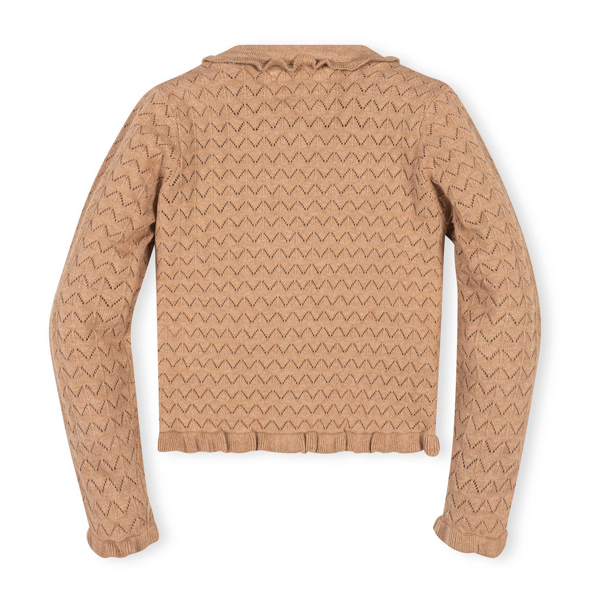 Organic Ruffle Trim Pointelle Cardigan - Camel Heather