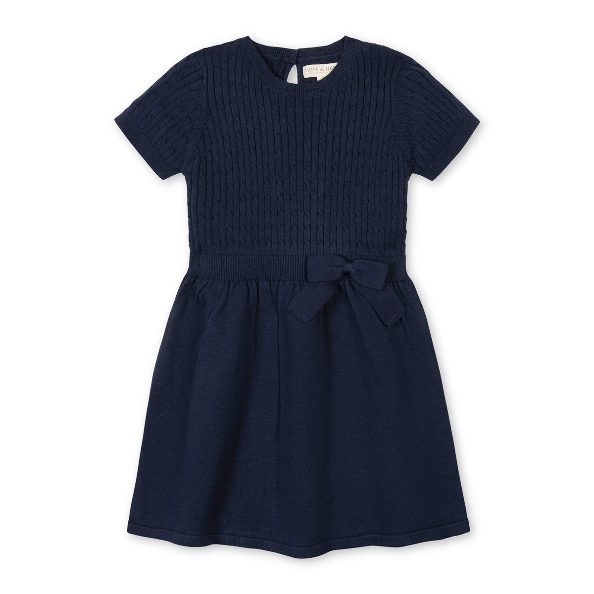 Organic Short Sleeve Cable Sweater Dress - Navy
