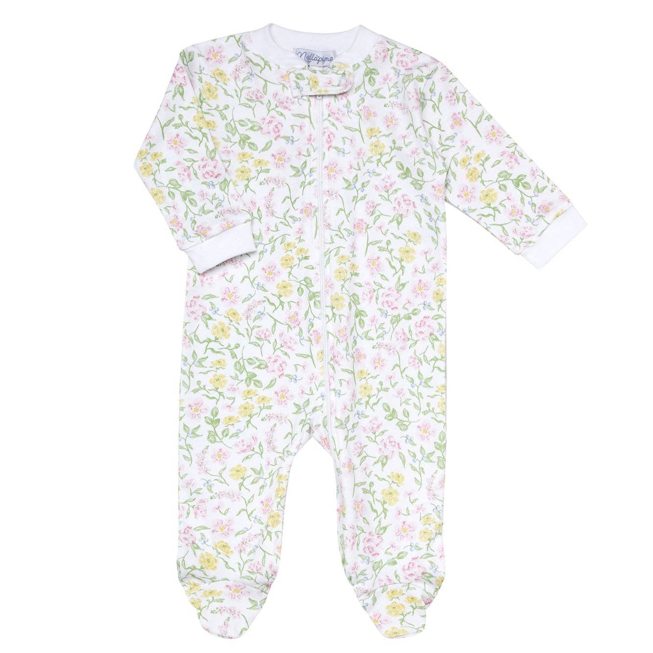 Floral patterned baby onesie on a white background